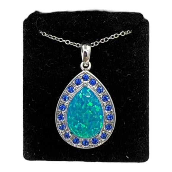 Created Opal & Blue Sapphire Pendant Necklace 925 Sterling Silver 18 inch - Picture 6 of 7